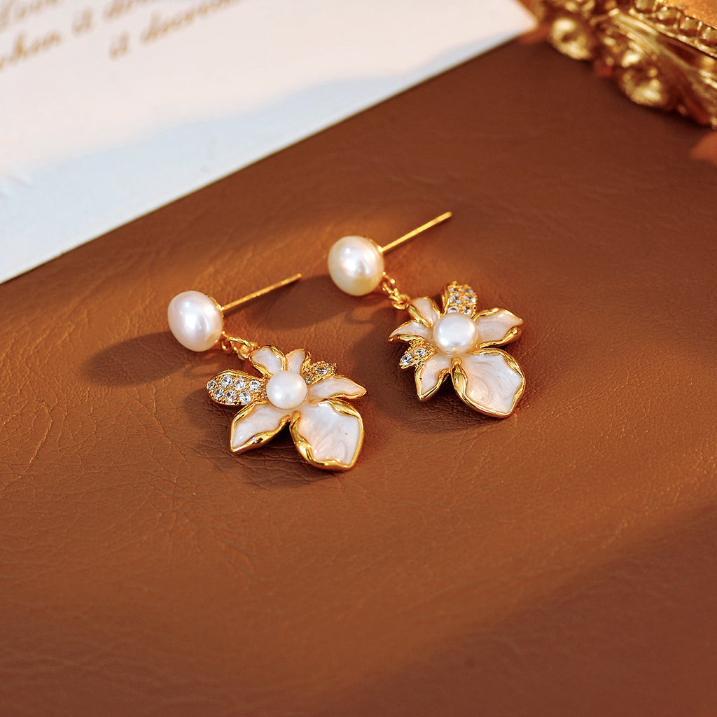 Lily Flower Fresh Style Diamond Design Enamel Painting Oil New Chinese Style Freshwater Pearl Necklace Versatile Earrings for Women