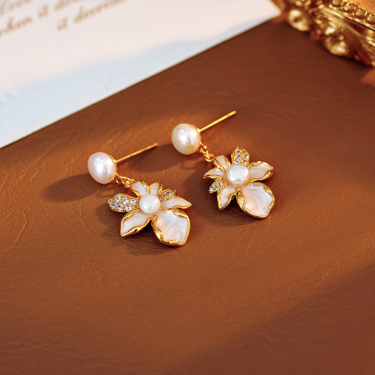 Lily Flower Fresh Style Diamond Design Enamel Painting Oil New Chinese Style Freshwater Pearl Necklace Versatile Earrings for Women