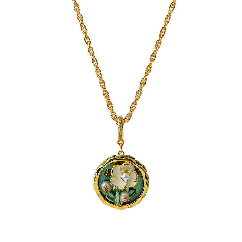 Vintage Green Oil Painting Style Pearl Flower Glaze Necklace French Court Retro Style Sweater Chain for Women