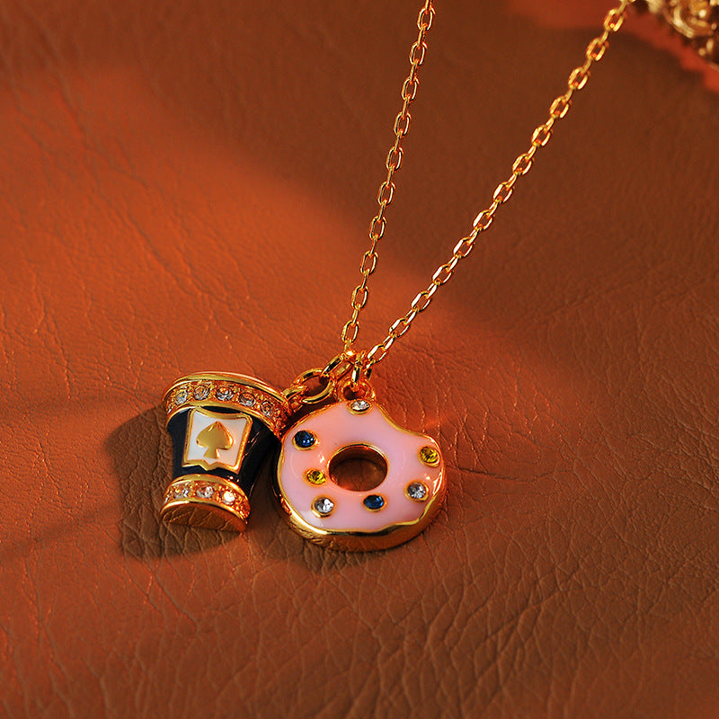 European and American Sweet Style Asymmetric Enamel Glaze Donut Coffee Cup Necklace Pendant High-end Necklace