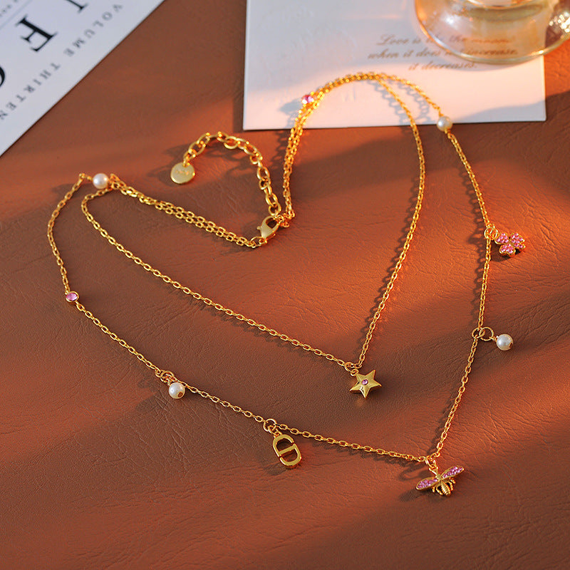 High-Quality D Brand New Double-Layer Necklace Niche Light Luxury High-End Feel CD Letter Pearl Star Collarbone Chain Necklace