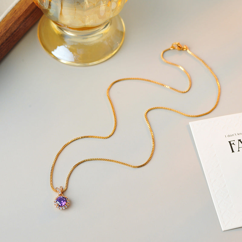 Japanese and Korean Style Internet Celebrity Four-Claw Inlaid Craft Purple Zircon Niche New Design Pendant Elegant Necklace