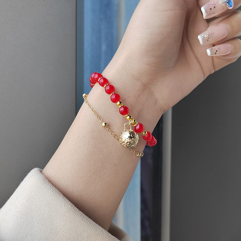 New Chinese Style Red Agate Double Layer Bell Bracelet for Women, Unique Design, Best Friend Layered Bracelet