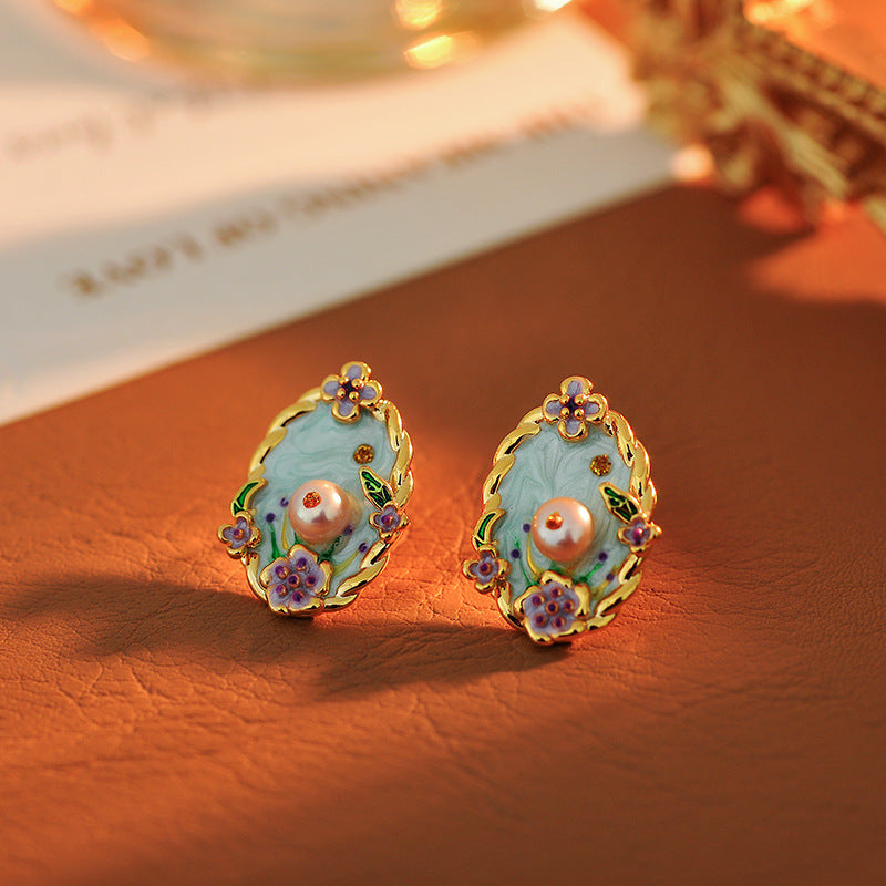New Chinese Style Colorful Retro Oil Painting Style Natural Freshwater Pearl Earrings S925 Silver Needle Niche Fashion High-end Earrings