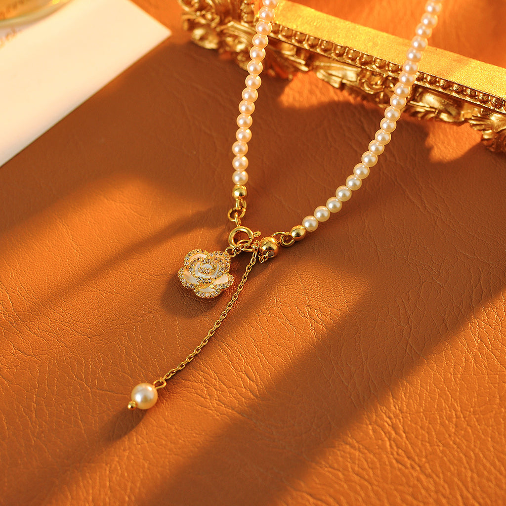 French Style Pearl Necklace for Women, Niche Design with Camellia Tassel Pendant, Clavicle Chain, Light Luxury Fashion