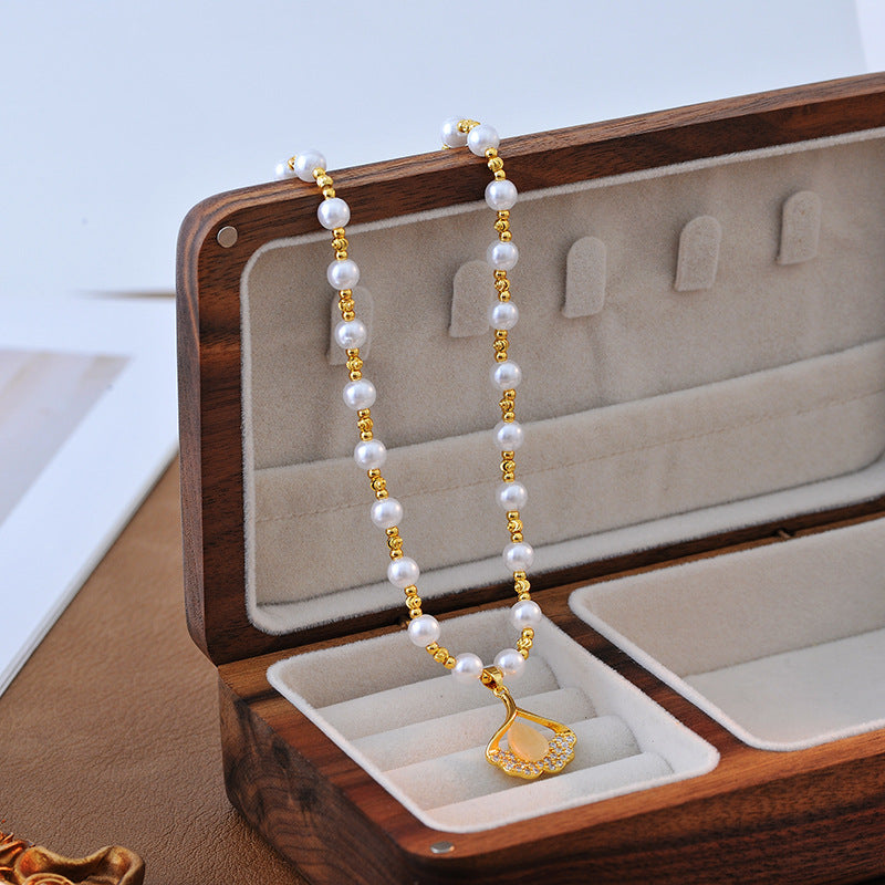 Super Shiny Three Lives Three Worlds Ginkgo Leaf Bead Necklace for Women, High-End Feel, Internet Celebrity Hot Item, Light Luxury, Versatile Necklace for Women