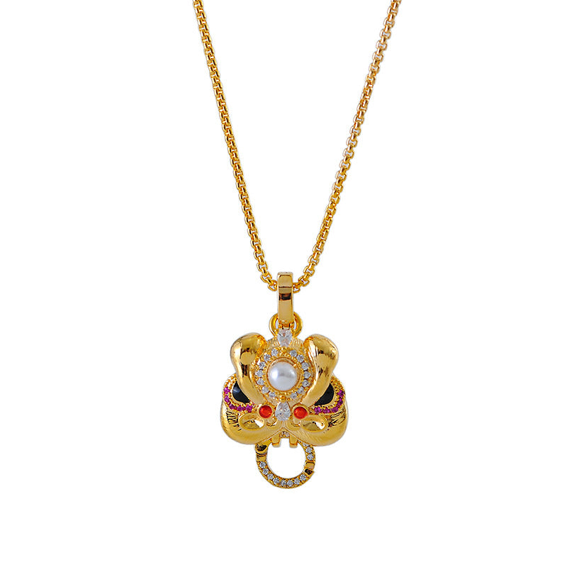 High-end Light Luxury Niche National Style Inlaid Diamond Lion Pendant Necklace for Women New Hot-selling Gold Accessories Autumn Winter