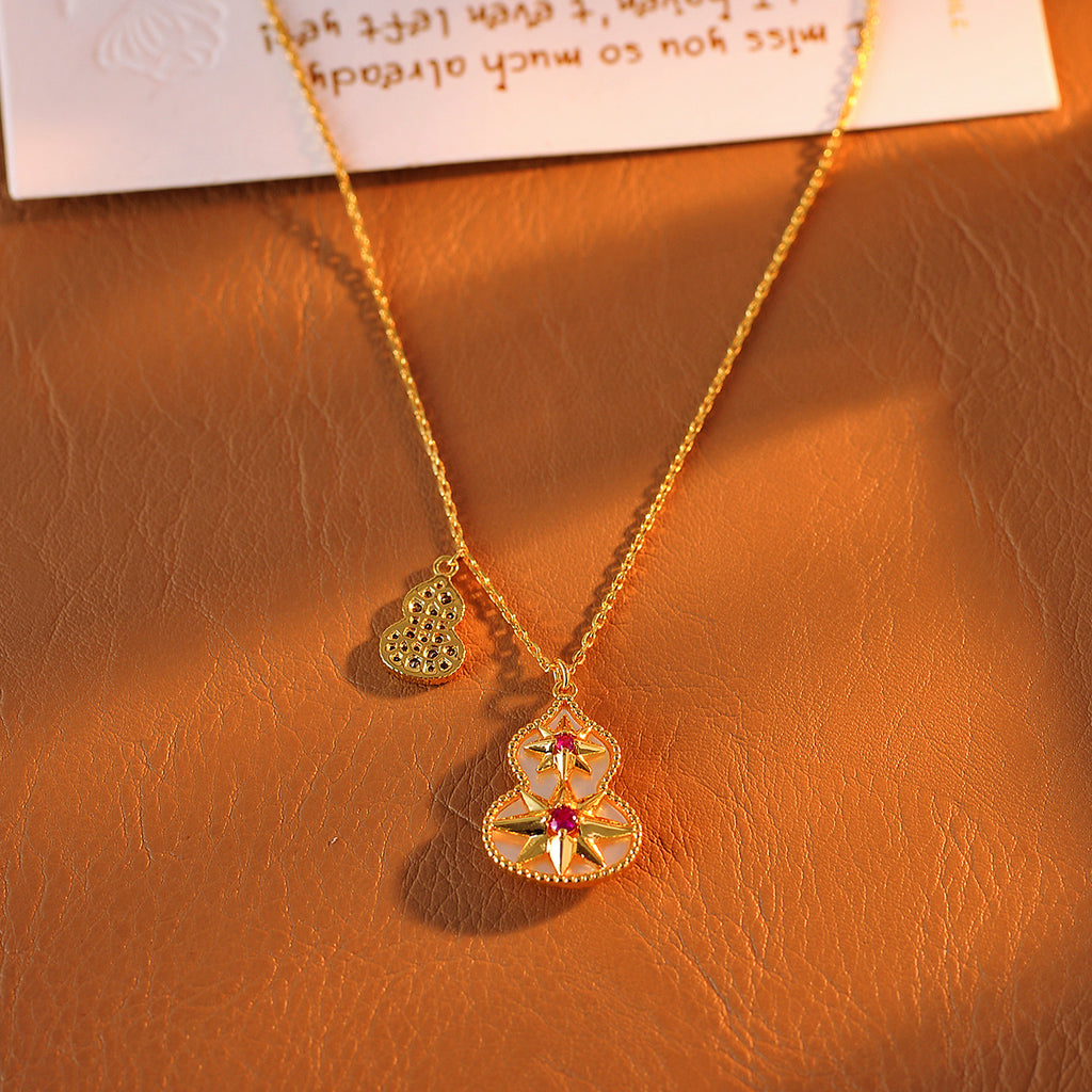 Gourd Necklace New Chinese Style Exquisite Ancient Method Red Gemstone Starlight White Shell Gourd Necklace