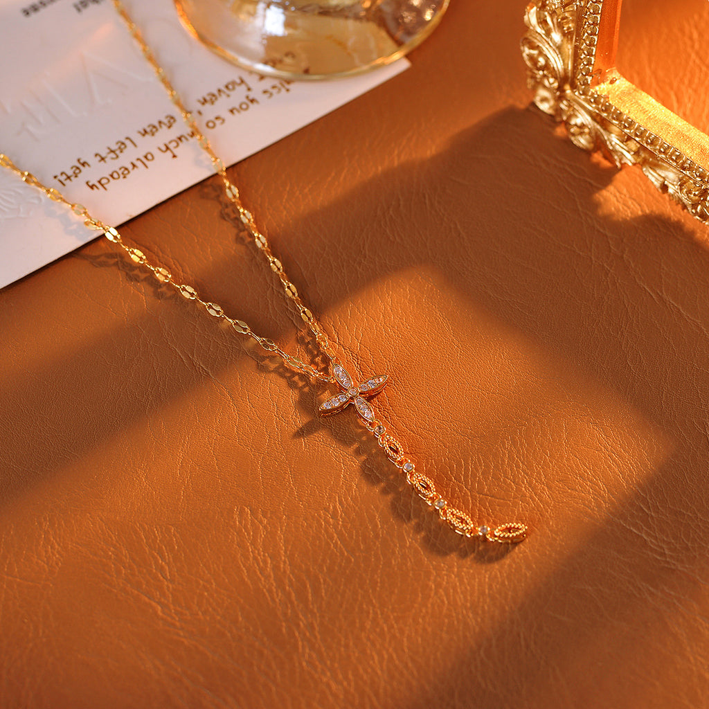 Necklace Real Gold Plated Gold Tassel Full Diamond Women's High-end Cross Pendant Clavicle Chain