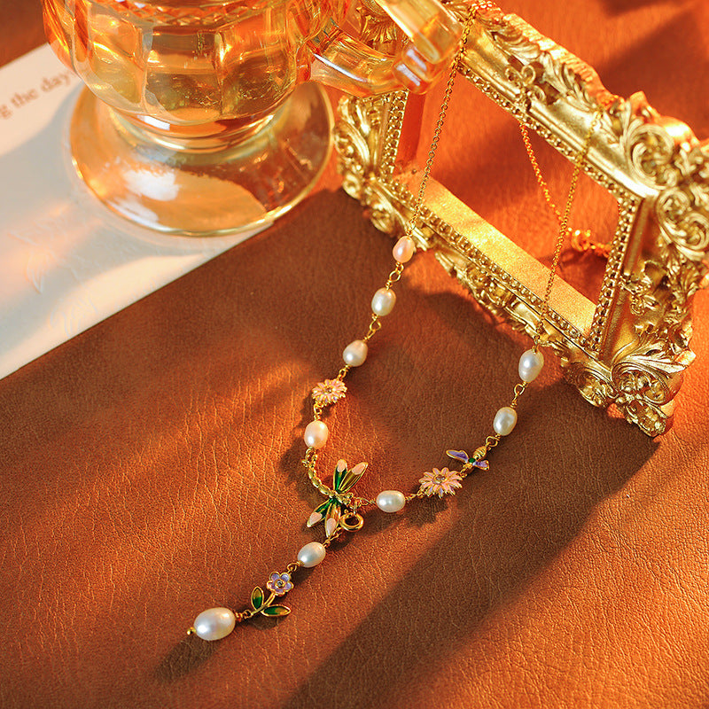 New Chinese Style Natural Pearl Necklace Enamel Painted Dragonfly Flower Artistic National Style Light Luxury Oil Painting Retro Collarbone Chain