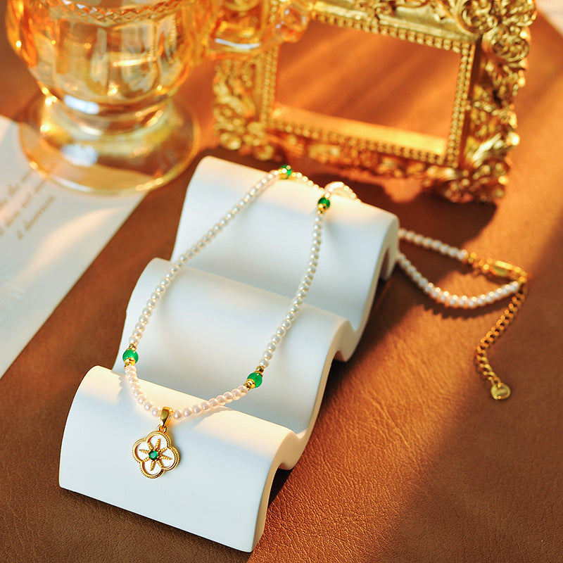 Four-leaf Flower Shell Inlaid Necklace Eight-pointed Star Design New Chinese Style Bracelet Green Natural Stone Sweater Chain Set