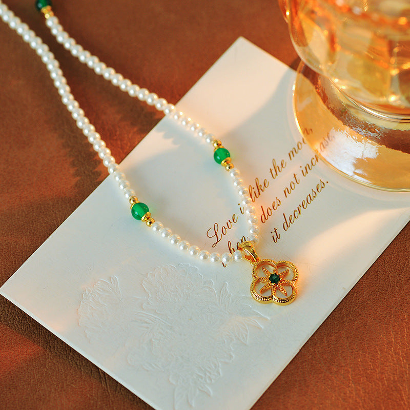 Four-leaf Flower Shell Inlaid Necklace Eight-pointed Star Design New Chinese Style Bracelet Green Natural Stone Sweater Chain Set