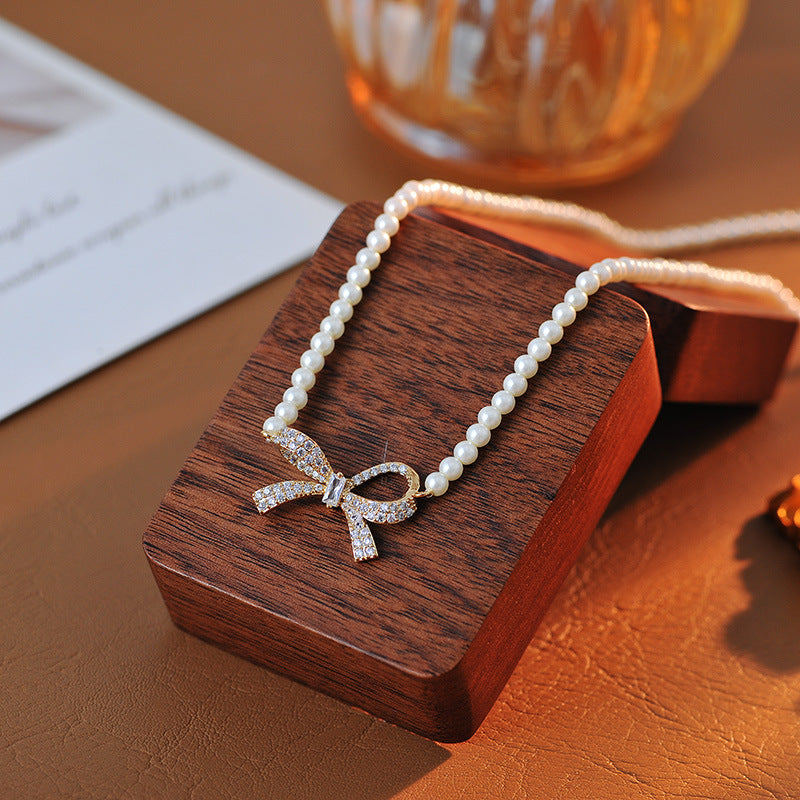 Exquisite Inlaid Full Diamond Bow Necklace for Women, Elegant and Luxurious, Versatile Fashion Simple Choker A10266