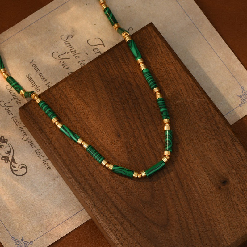 Natural Malachite Beaded Necklace for Women, Emerald Green Gemstone, Light Luxury Niche New Sweater Choker