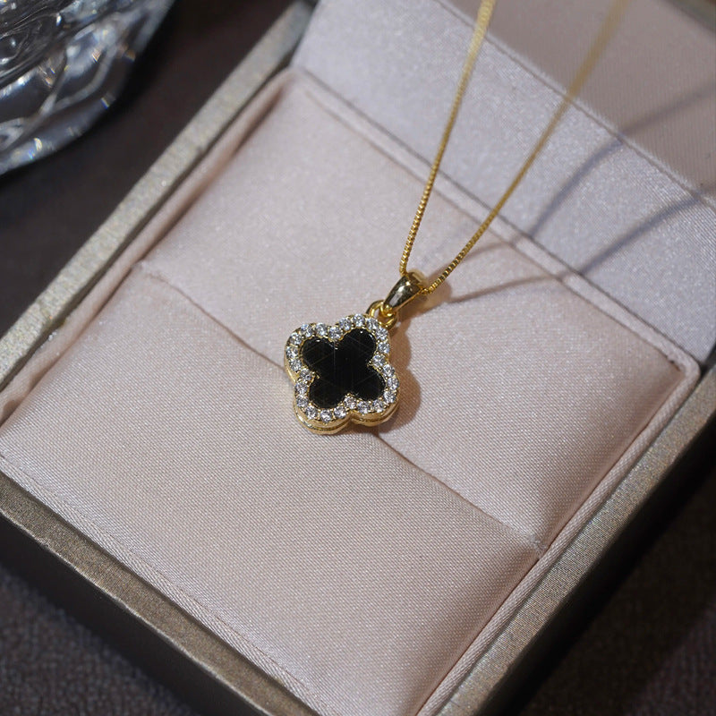 Japanese and Korean Fashion Simple Double-Sided Four-Leaf Clover Micro-Stud Necklace for Women Trendy Ins Internet Celebrity Temperament Street Style Collarbone Chain for Women
