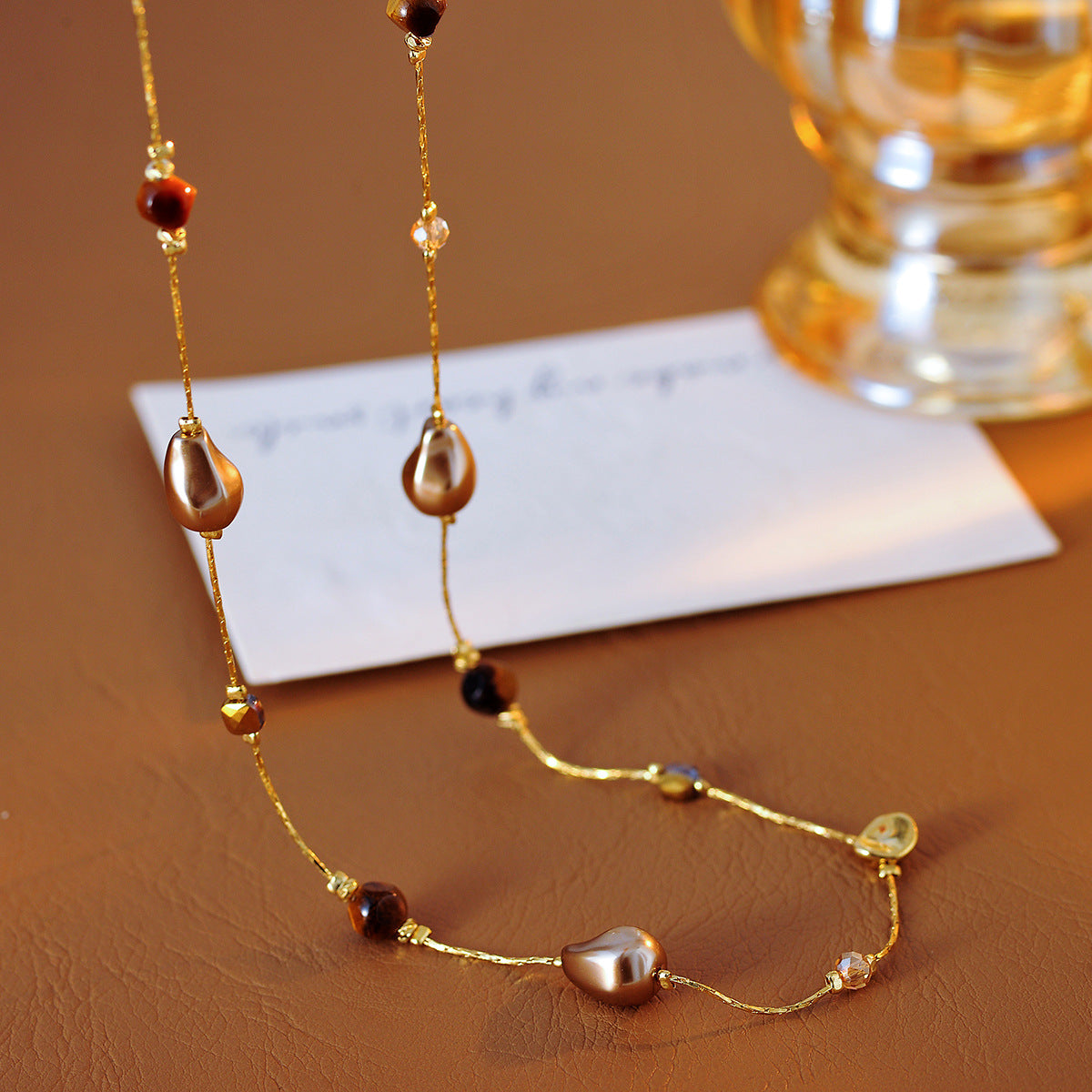 Vintage Melard Long Beaded Tiger Eye Stone Necklace Accessory for Women, Light Luxury, Small Multi-layer Sweater Chain