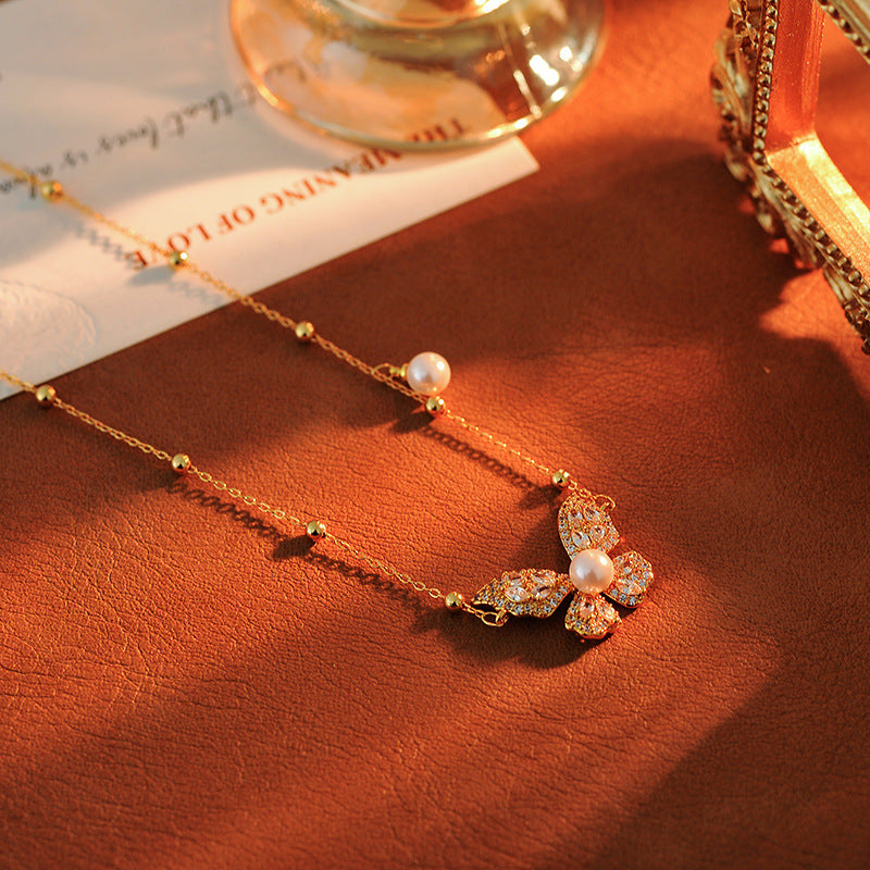 Fashion Versatile Pearl Necklace for Women, High-End Elegant Light Luxury Zircon Butterfly Collarbone Chain, Minimalist Style Neck Chain Accessory