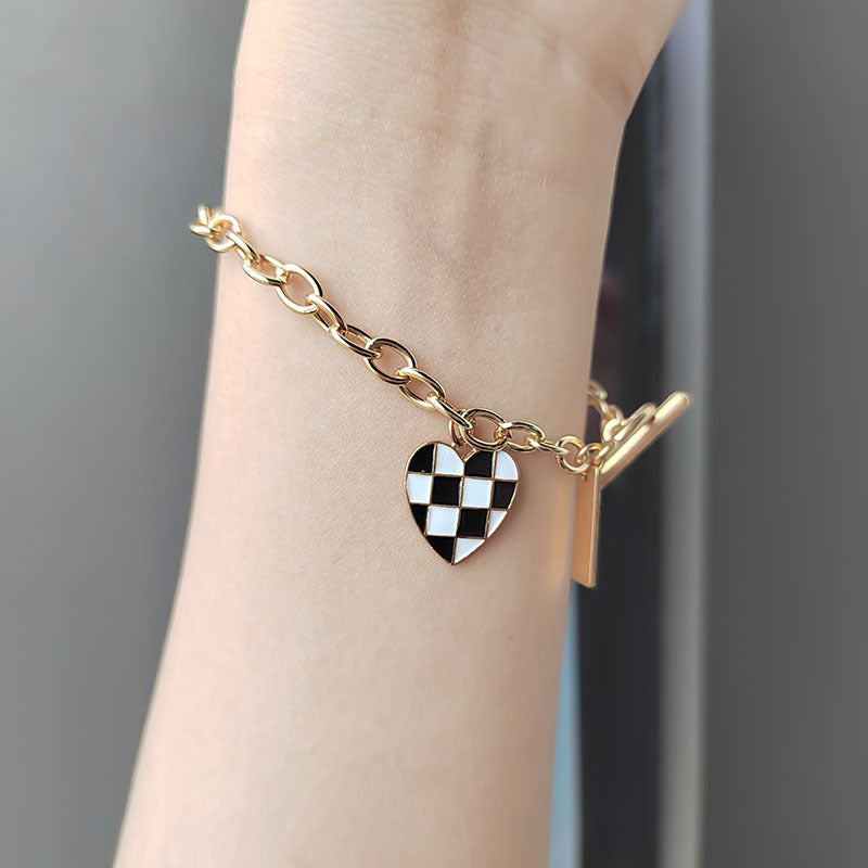 Unique Design Checkerboard Heart Pendant Bracelet for Women Trendy Cool Simple Fashion Bangle Accessories Japanese Korean Style