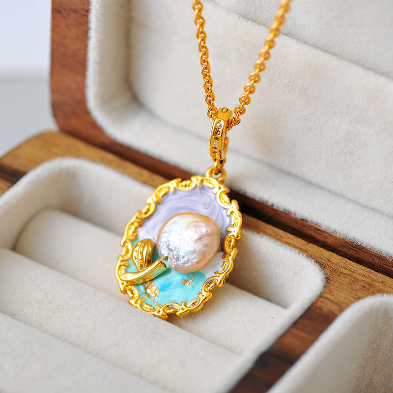 New Chinese Style Retro National Style Oil Painting Flower Pearl Gold Necklace Niche Vintage Light Luxury High-end Clavicle Chain