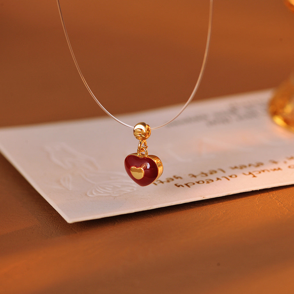 Red Glazed Heart Fishing Line Necklace, Light Luxury Elegant Versatile Fashion Jewelry