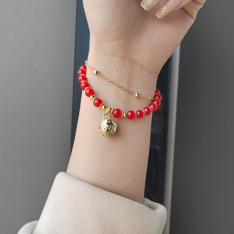 New Chinese Style Red Agate Double Layer Bell Bracelet for Women, Unique Design, Best Friend Layered Bracelet