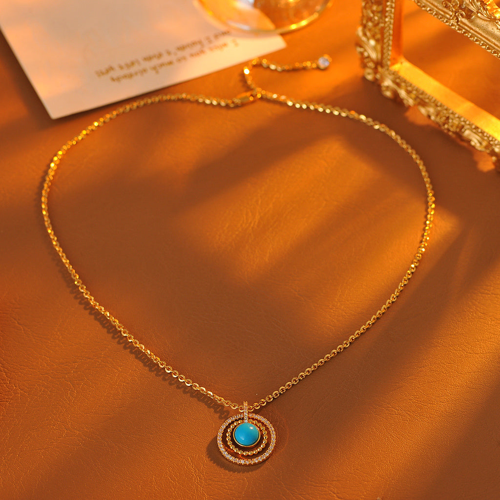 French Style Light Luxury High-End Vintage Full Diamond Turquoise Pendant Necklace Exquisite Retro Collarbone Chain