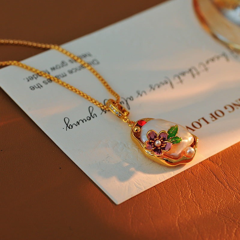 Monet Garden Irregular Baroque Natural Large Pearl Necklace for Women with Floral Design and High-end Pendant