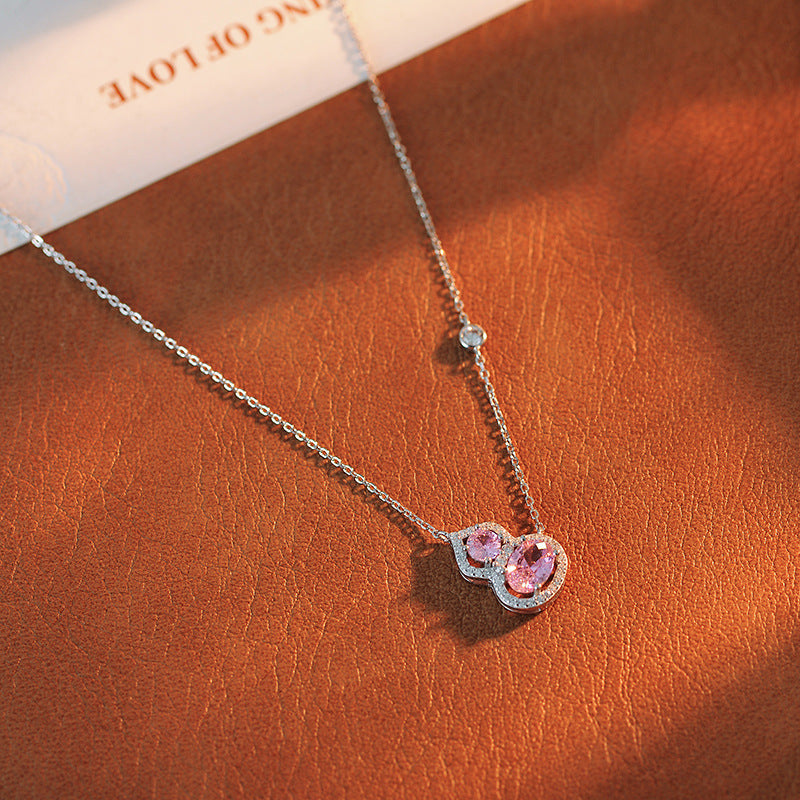 S925 Sterling Silver Necklace for Women New Hot Style Pink Zircon Blue Zircon Gourd Pendant Clavicle Chain Summer Exquisite Neck Chain