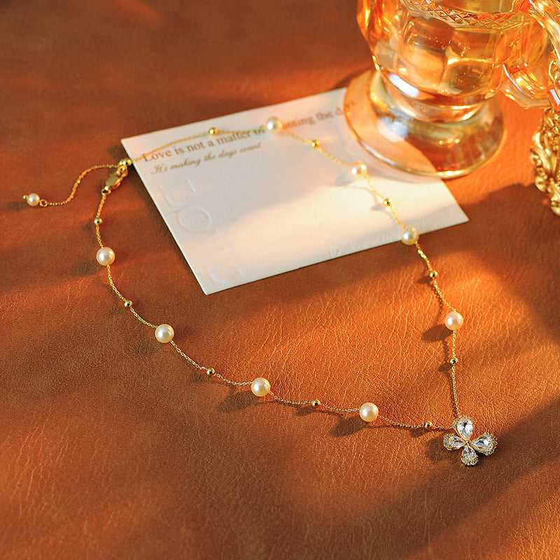 Romantic Love Letter Butterfly Pearl Tassel Necklace for Women High-end Light Luxury Niche Collarbone Chain Elegant Choker