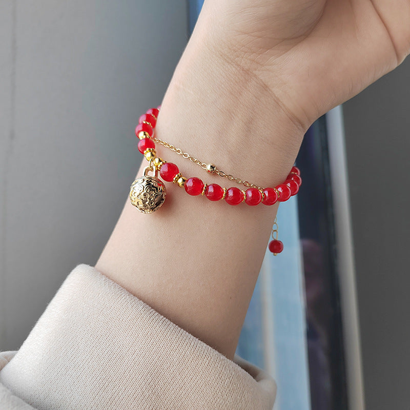 New Chinese Style Red Agate Double Layer Bell Bracelet for Women, Unique Design, Best Friend Layered Bracelet