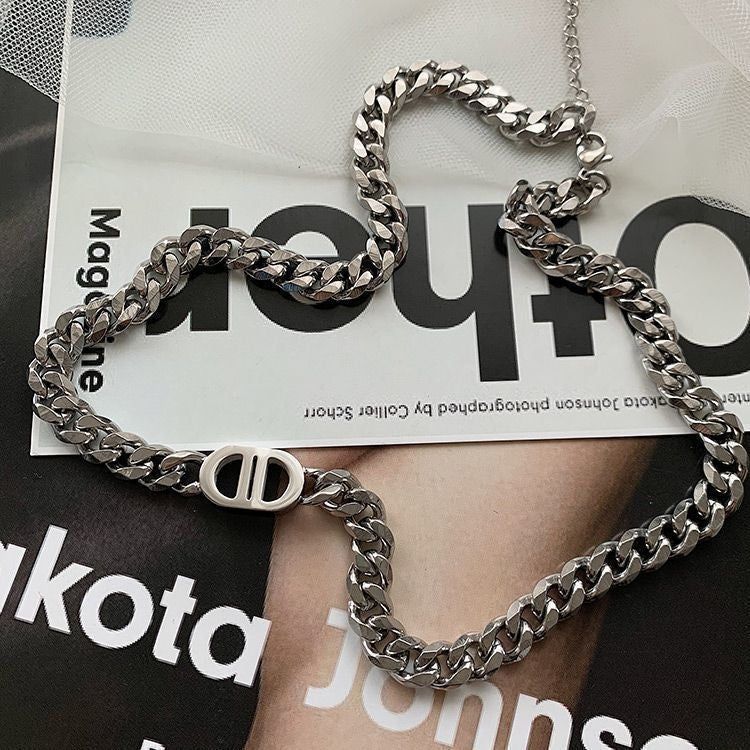 Heavy Industry High-Quality Thick Chain Gold Letter Titanium Steel Necklace for Women European and American Ins Internet Celebrity Hip-Hop Short Clavicle Chain Bracelet