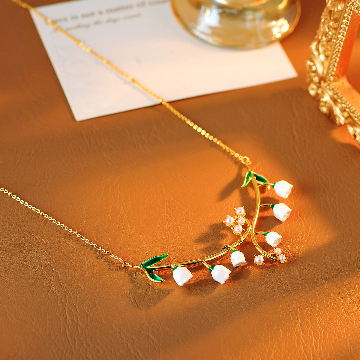 European and American Style Enamel Glaze Forest Style Sweet Plant Lily of the Valley Pearl Embellished Gentle Temperament Necklace