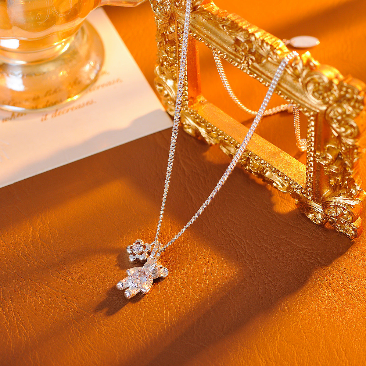 New Silver-Plated Copper Series Sweet Princess Style Geometric Bear Collarbone Chain High-End Light Luxury Necklace