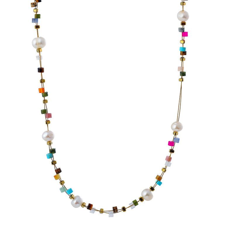 Dopamine Pearl Colorful Beaded Stone Collarbone Necklace Niche High-End Light Luxury Summer Cool Style