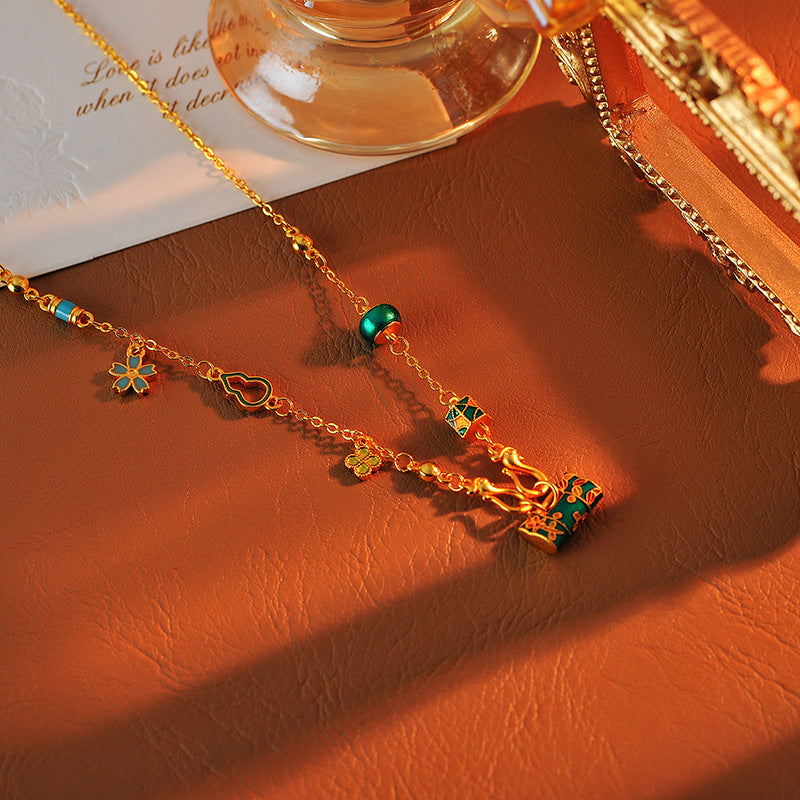 Gold Color Burnt Blue Wealth Flower Peace Lock Necklace for Women Vintage New Chinese Style Enamel Lock Bag Pendant Collarbone Chain