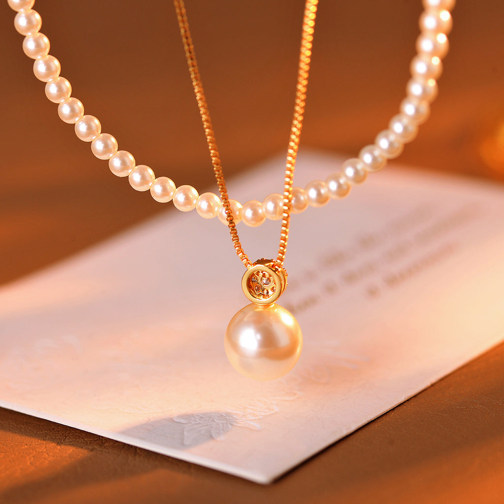 Shijia Zhenduo Hemp Single Pearl Pendant Necklace Autumn Winter Sweater Chain Elegant Double Layer Stacked Necklace