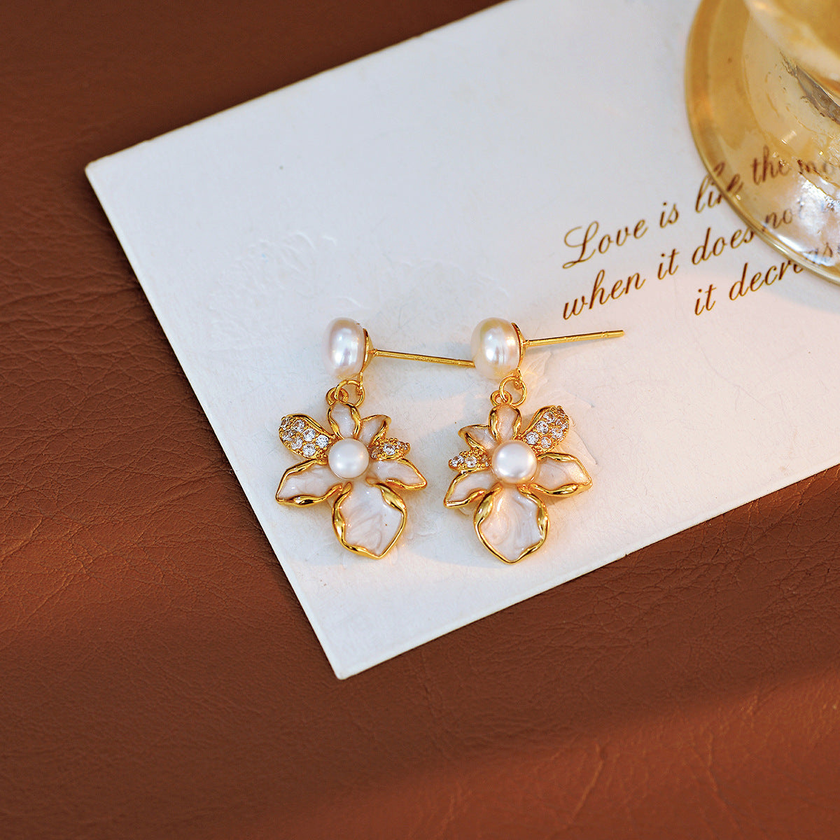 Lily Flower Fresh Style Diamond Design Enamel Painting Oil New Chinese Style Freshwater Pearl Necklace Versatile Earrings for Women