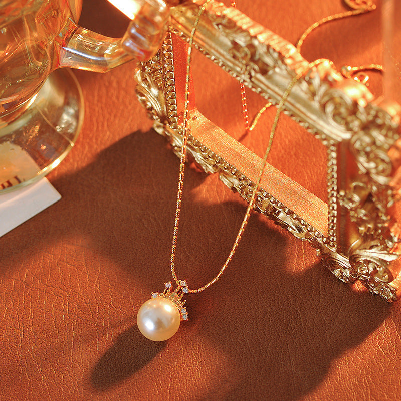 Dream Castle Princess Necklace French Court Style Shijia Pearl Collarbone Chain 18K Gold Plated Pearl Earrings Set for Women