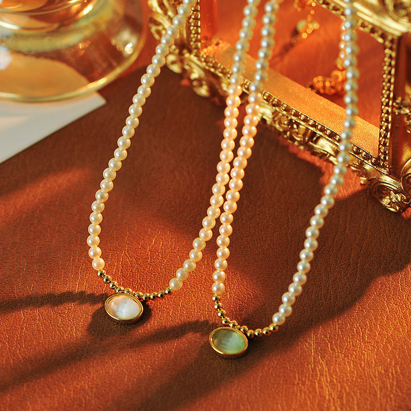 Korean Version Xiaomi Pearl Necklace New Cat's Eye Stone Pendant Light Luxury Niche Autumn Winter Accessory One Piece