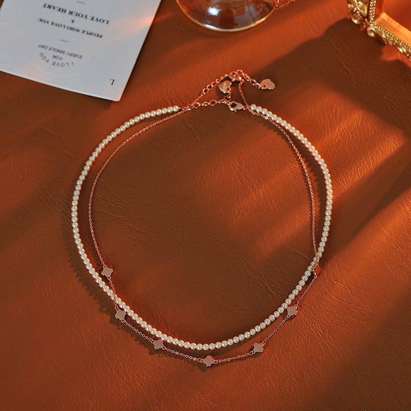 Graceful Luxury High-End Pearl Layered Necklace Personality Versatile Four-Leaf Clover Elegant Luxurious Exquisite Niche Design