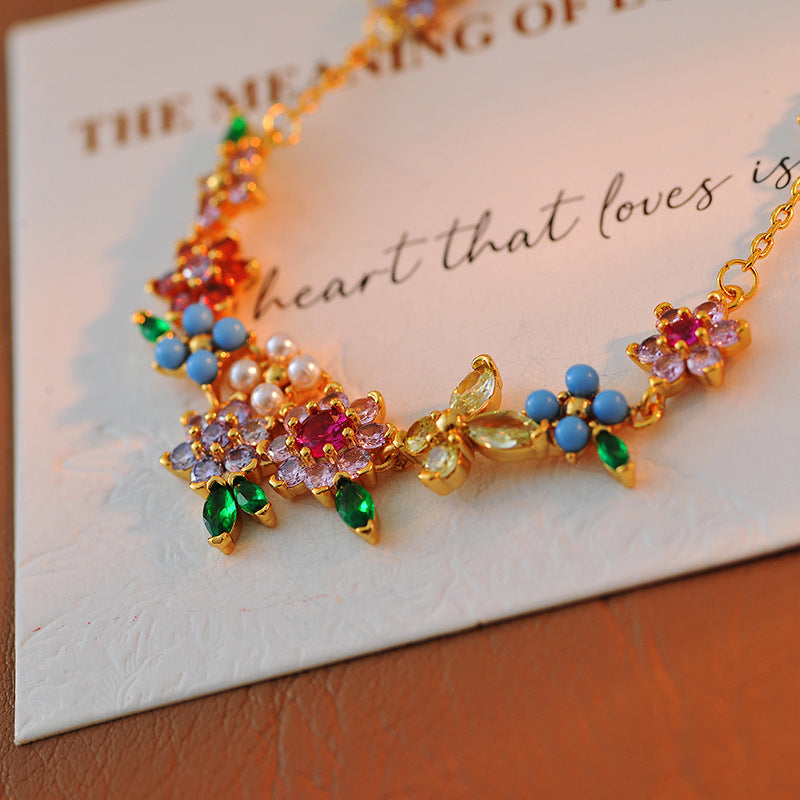 Sweet Romantic Pastoral Colorful Diamond Flower Butterfly Cluster Fresh Girl Temperament Necklace Bracelet Bangle