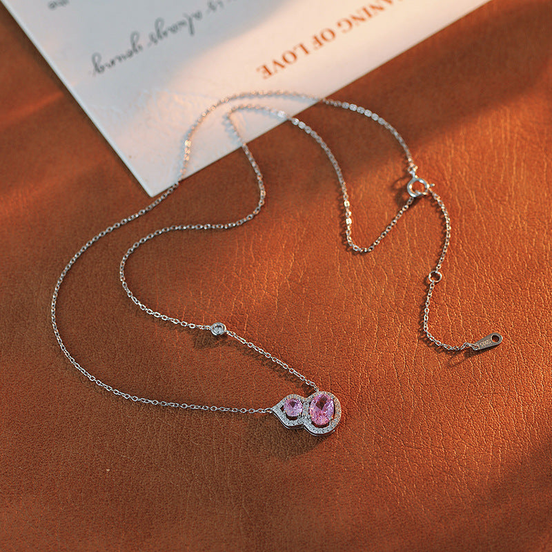 S925 Sterling Silver Necklace for Women New Hot Style Pink Zircon Blue Zircon Gourd Pendant Clavicle Chain Summer Exquisite Neck Chain