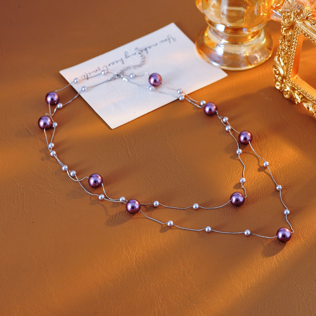 French Style Layered Long Purple Pearl Necklace Fashionable Elegant Light Luxury High-end Sweater Chain for Women