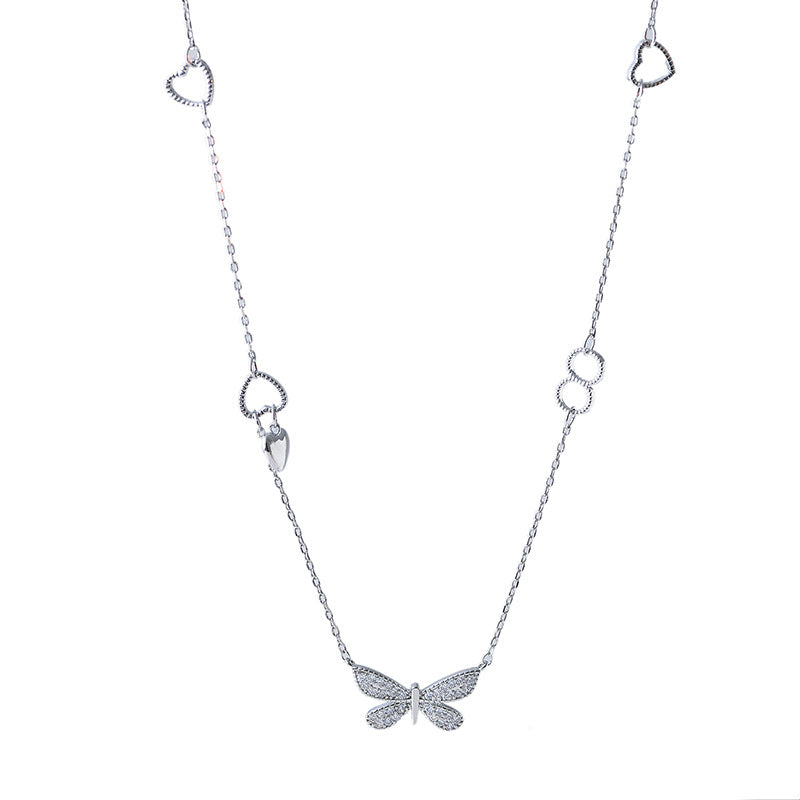 Cross-Border Hot Sale Butterfly Collarbone Chain Heart Pendant Exquisite Versatile High-End Full Diamond Necklace for Women