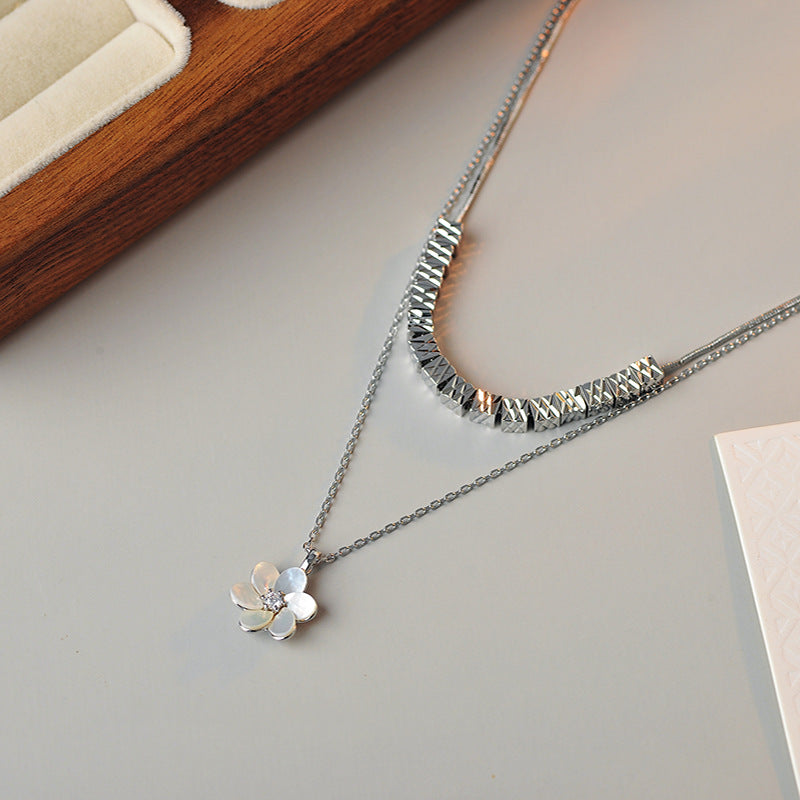 Light Luxury Niche Square Double Layer Stacked Flower Necklace Simple Elegant High-end Versatile Collarbone Chain Qixi Festival Gift