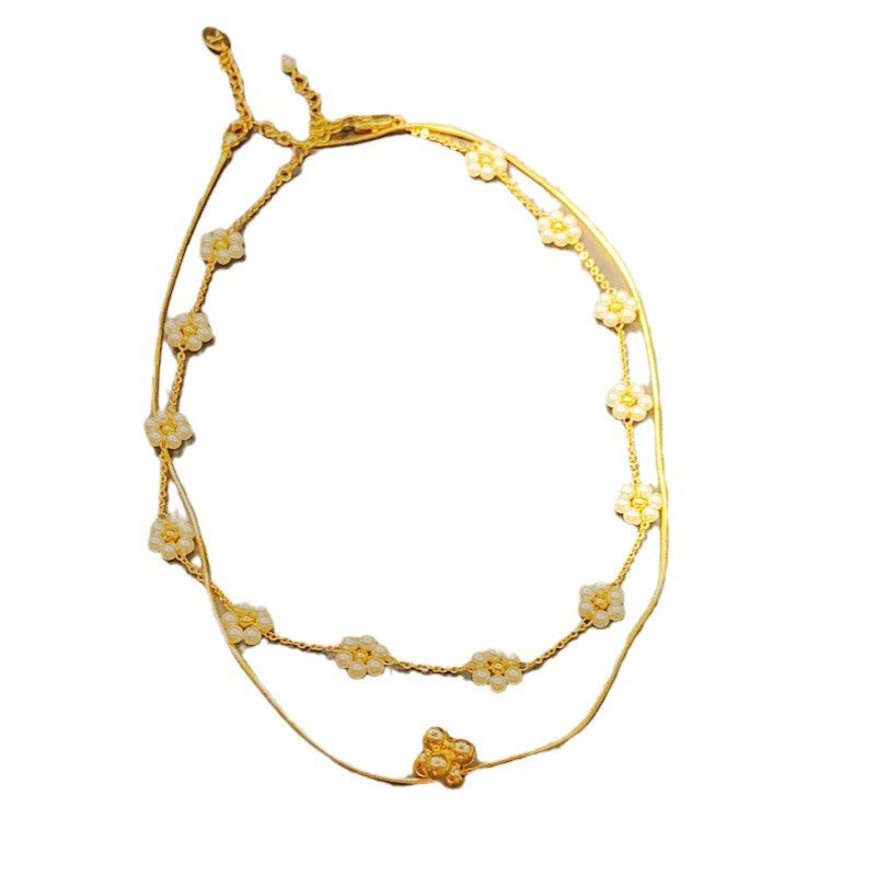 Cross-border European and American Hot-selling Fashion Copper Alloy Woven Flower Pearl Necklace Versatile Exquisite Elegant High-end Style