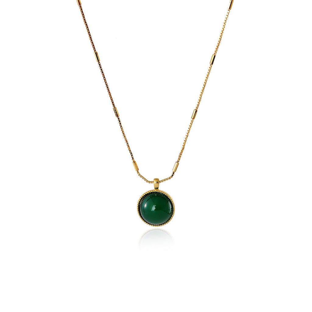 Small Green Bean Retro Ice Transparent Green Agate Pendant Necklace New Chinese Style Petite Whitening Daily Collarbone Chain
