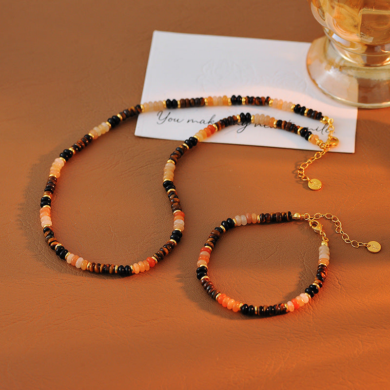 Natural Tiger Eye Stone Bracelet High-end Necklace Electroplated 18K Gold Non-fading Personalized Necklace Bracelet Set