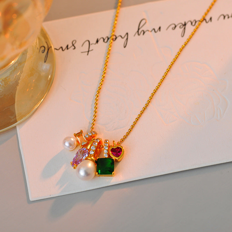 High Version Real Gold Plating European and American Jewelry Fashion Pearl Colorful Zircon Multi-element Multi-drop Necklace Simple Necklace