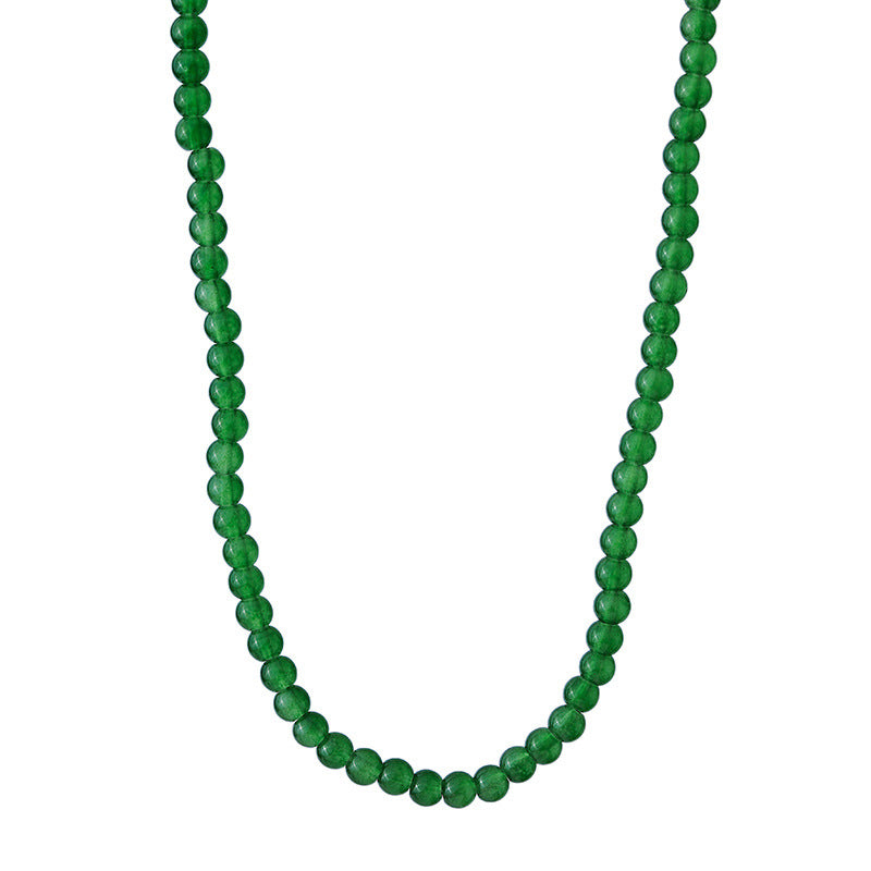 Chinese Ethnic Style Ice Transparent Green Agate Chalcedony Real Stone Beaded Simple Personality Short Necklace Clavicle Chain A10194